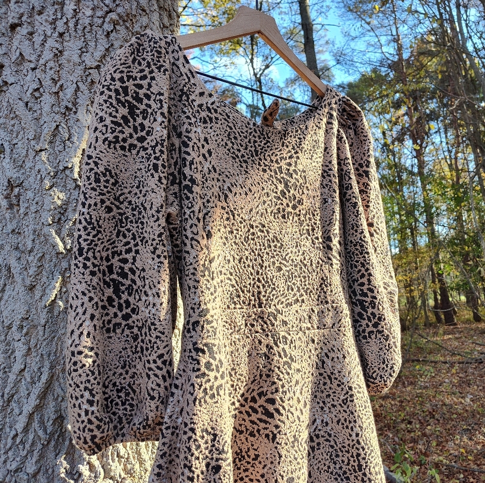 Maeve Anthro Cut-Out Mini Dress Leopard Animal Brown Sz 14 Balloon Sleeve - Picture 3 of 9